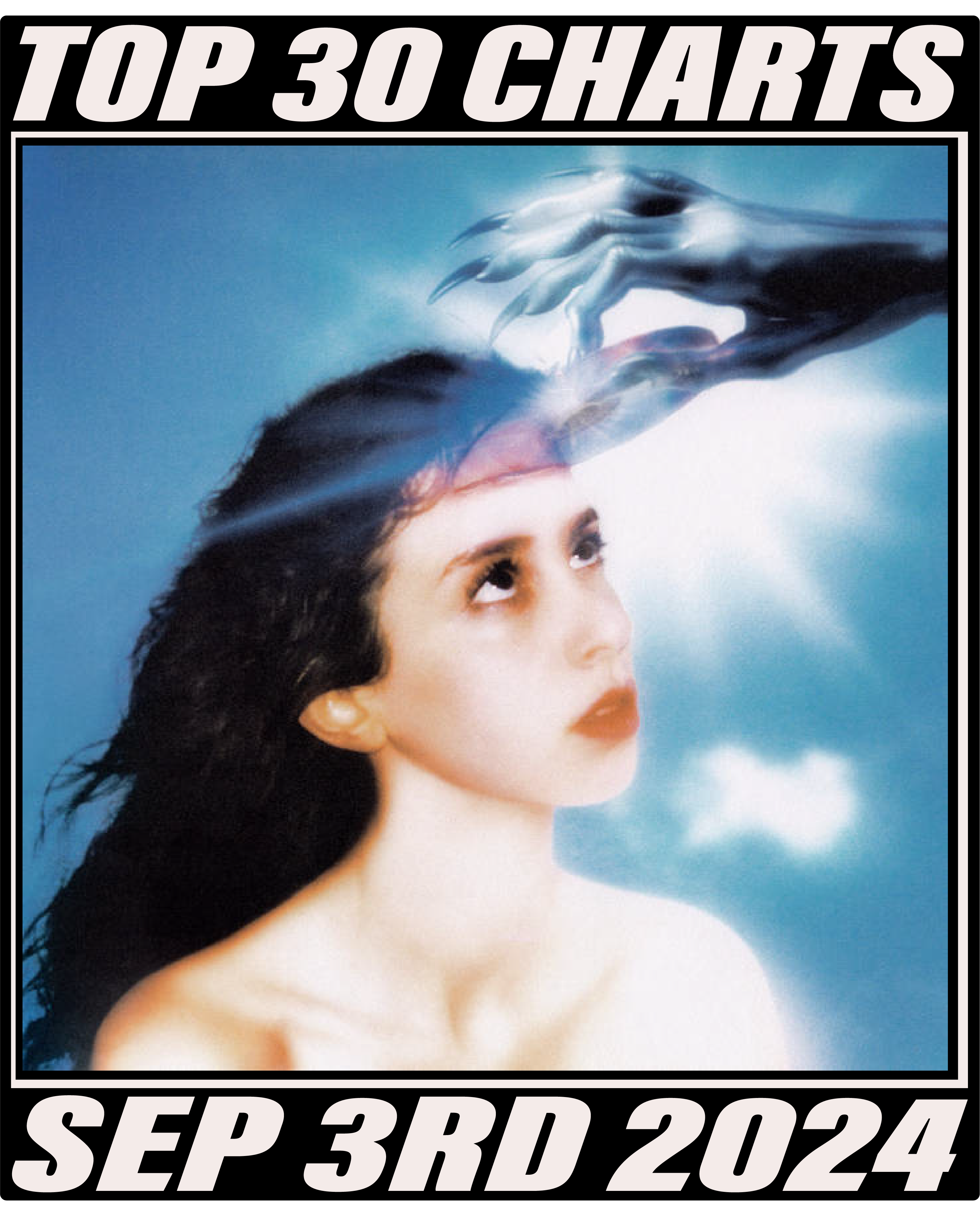 Magdalena Bay's Imaginal Disk album cover, which shows a CD being pulled out of their singer's forehead. Top text reads: TOP 30 CHARTS. Bottom text reads: SEP 3RD 2024