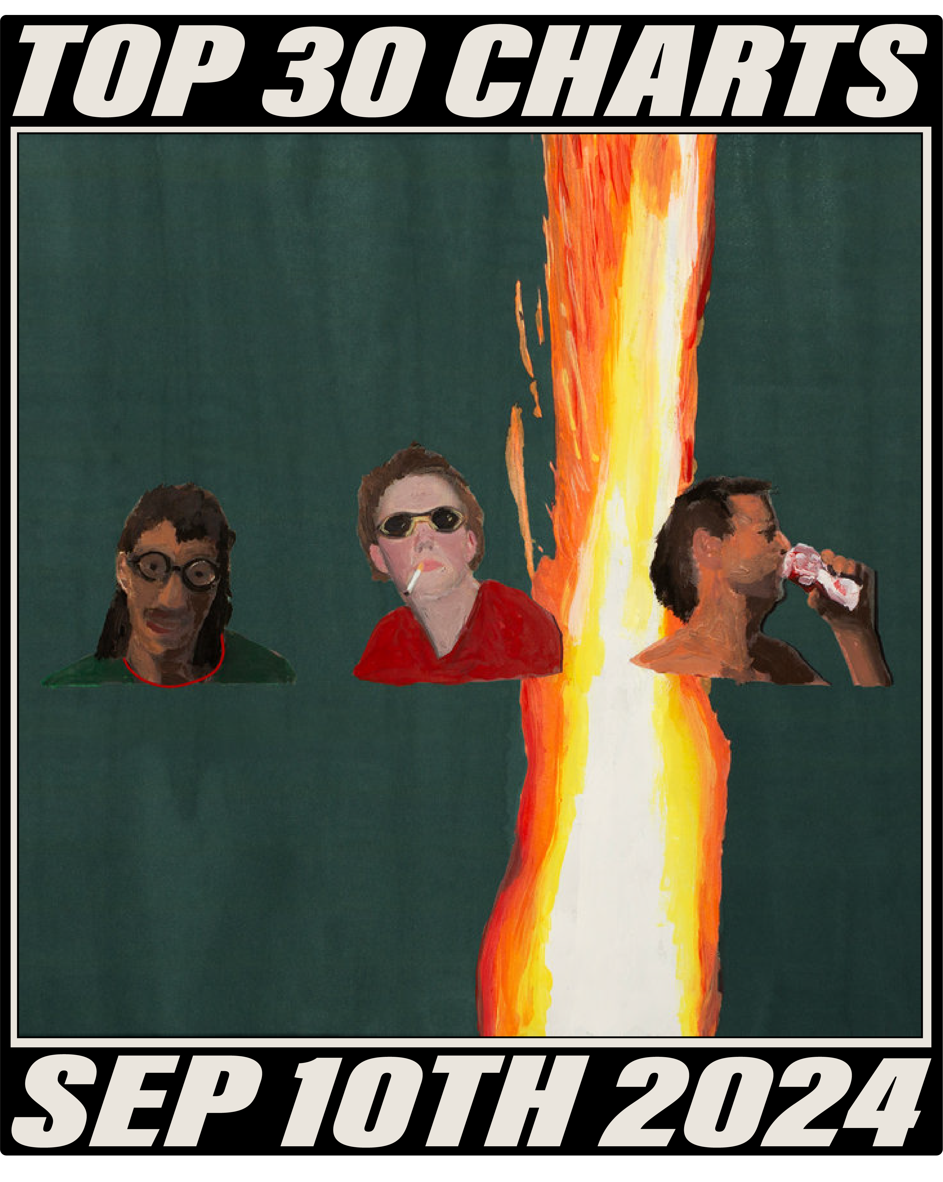 MJ Lenderman's album cover, Manning Fireworks, which features a drawing of three men drinking and smoking a cigarette. The text above reads "TOP 30 CHARTS" and the text below reads "SEP 10TH 2024"