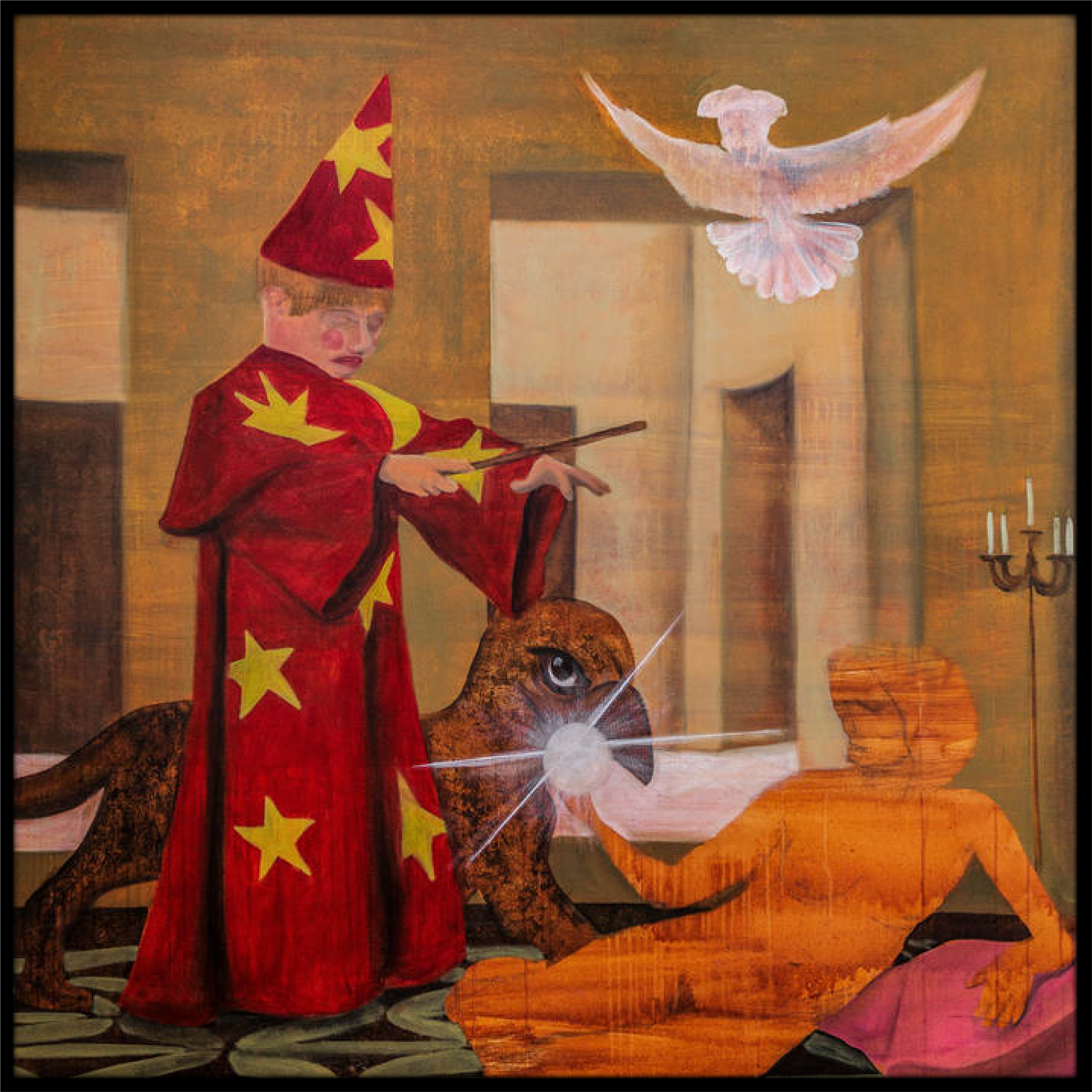 Men I Trust's single art for "Husk." Depicts a Wizard, a bird, and an orange person.