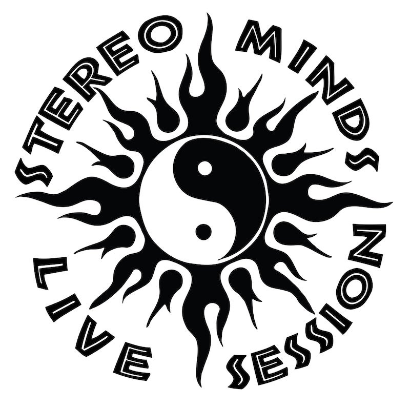 Black and white Yin-yang symbol surrounded by sun flares and the words "stereo minds live session"