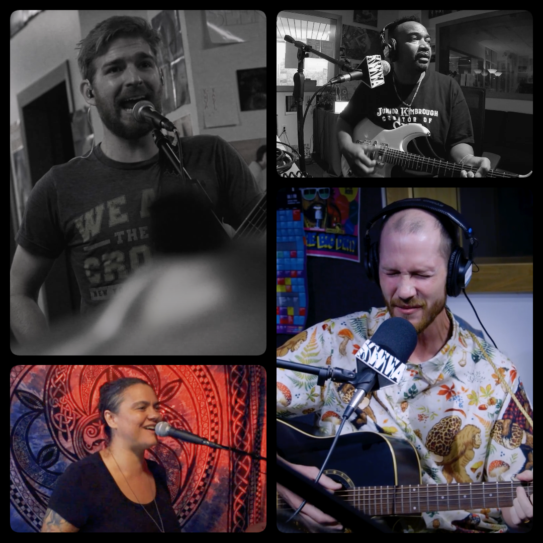 Photo collage with black border, four people playing instruments and singing into microphones