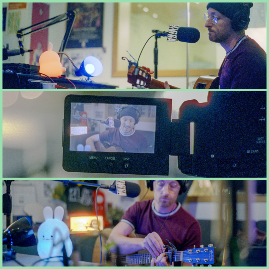 Phot collage with teal border, white man early 30's holding guitar singing into microphone