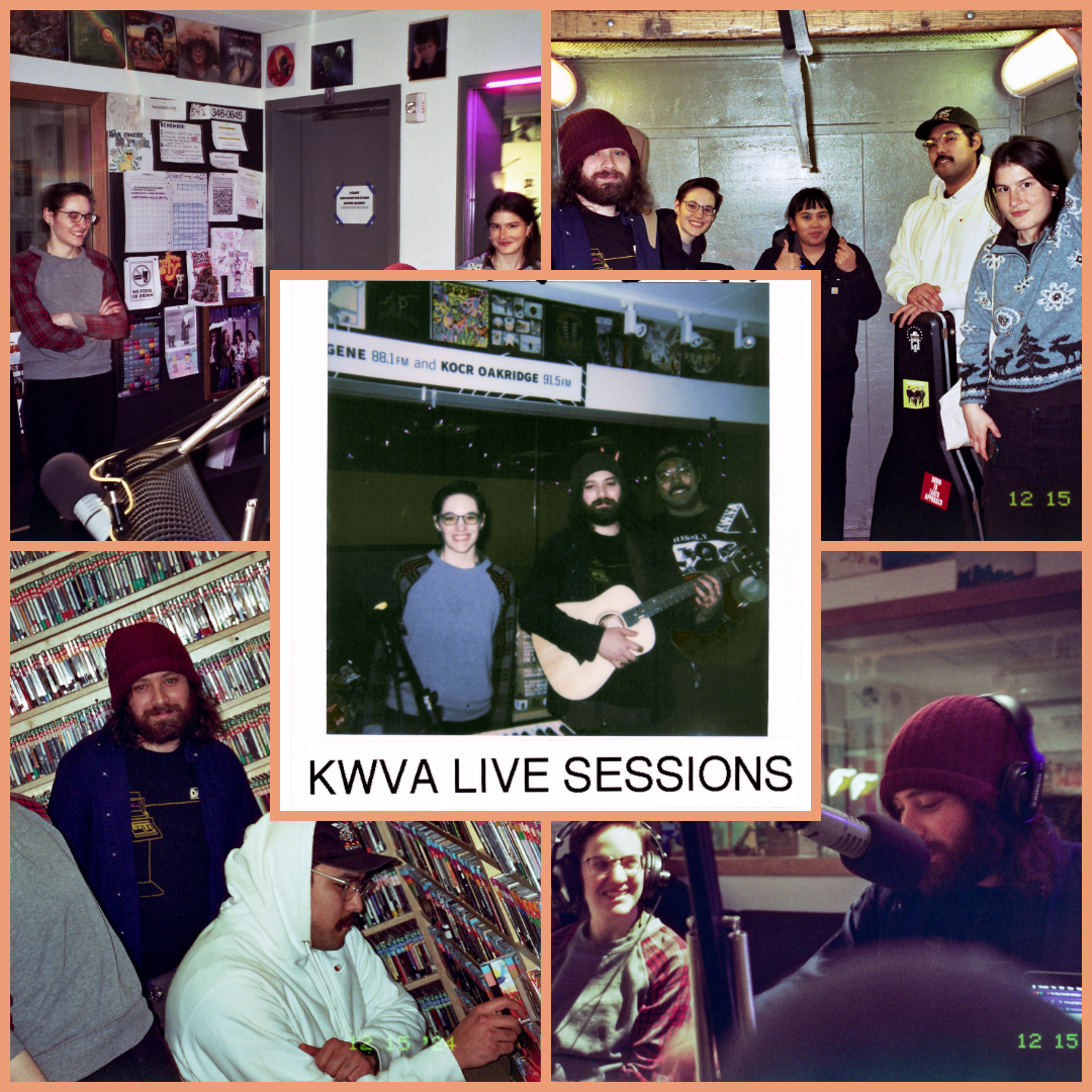 photo collage with orange borders featuring band members from Baby Grendel posing in the KWVA studios