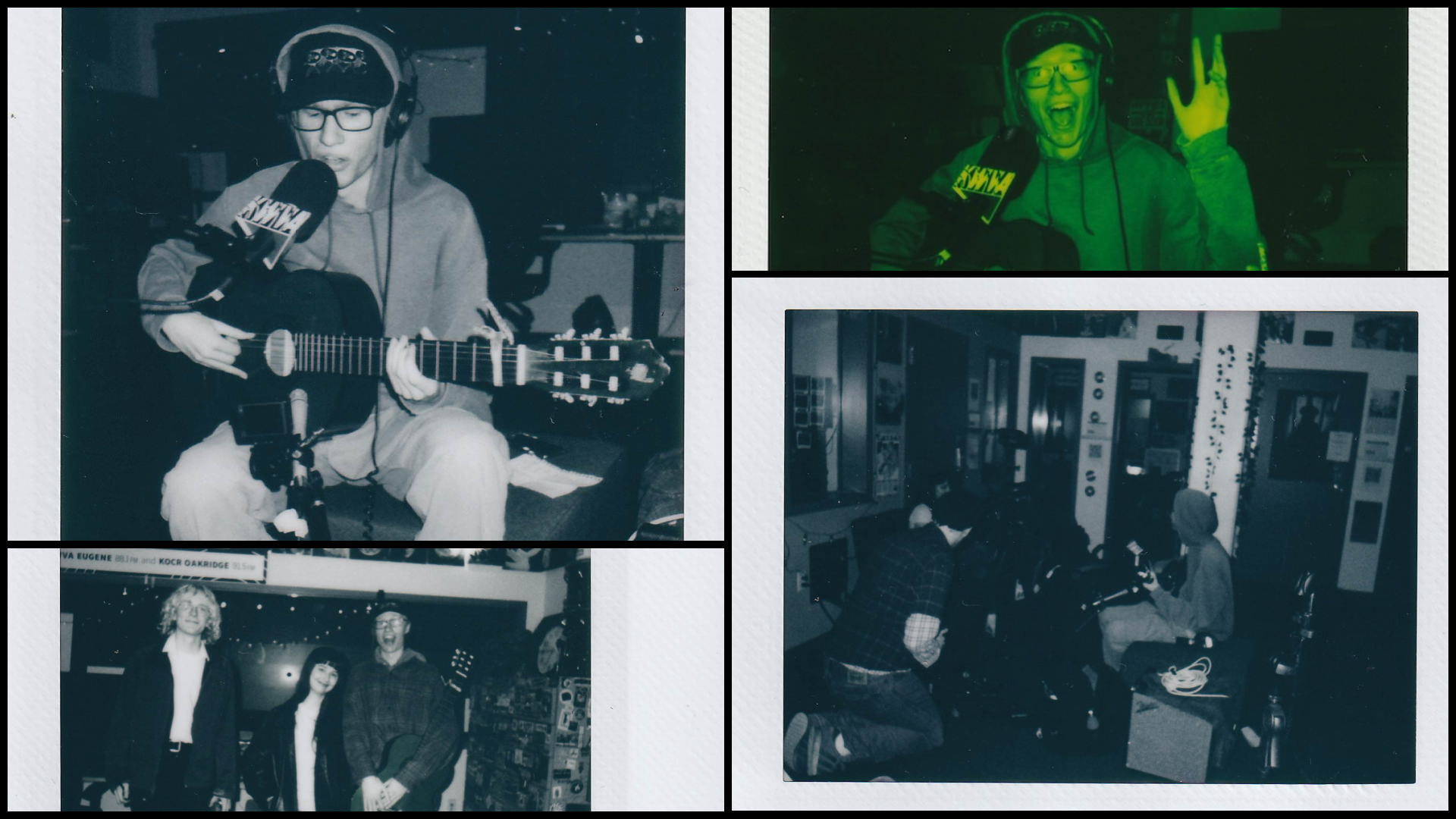 Photo collage with black borders featuring trimmo performing in the kwva studios