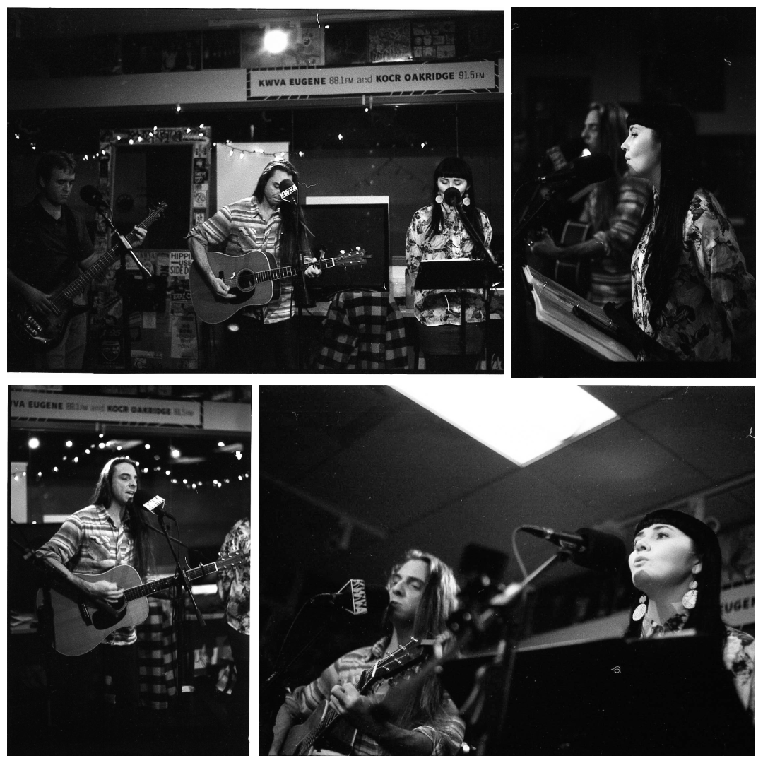 black and white photo collage featuring musicians performing in kwva studios. white male on bass, white male on guitar and vocals and white female on vocals.