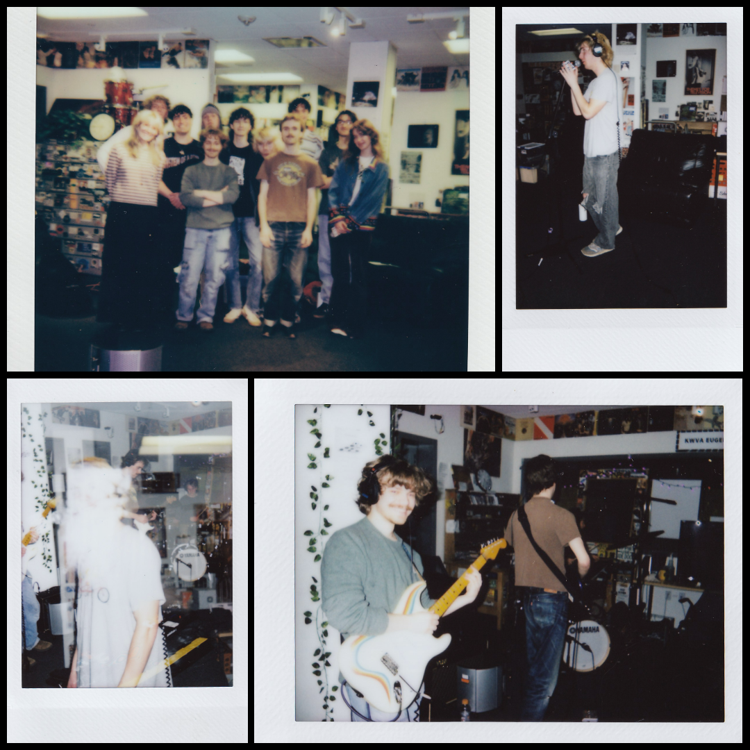 photo collage with black border featuring members of the band cosplay jesus performing in the kwva studios