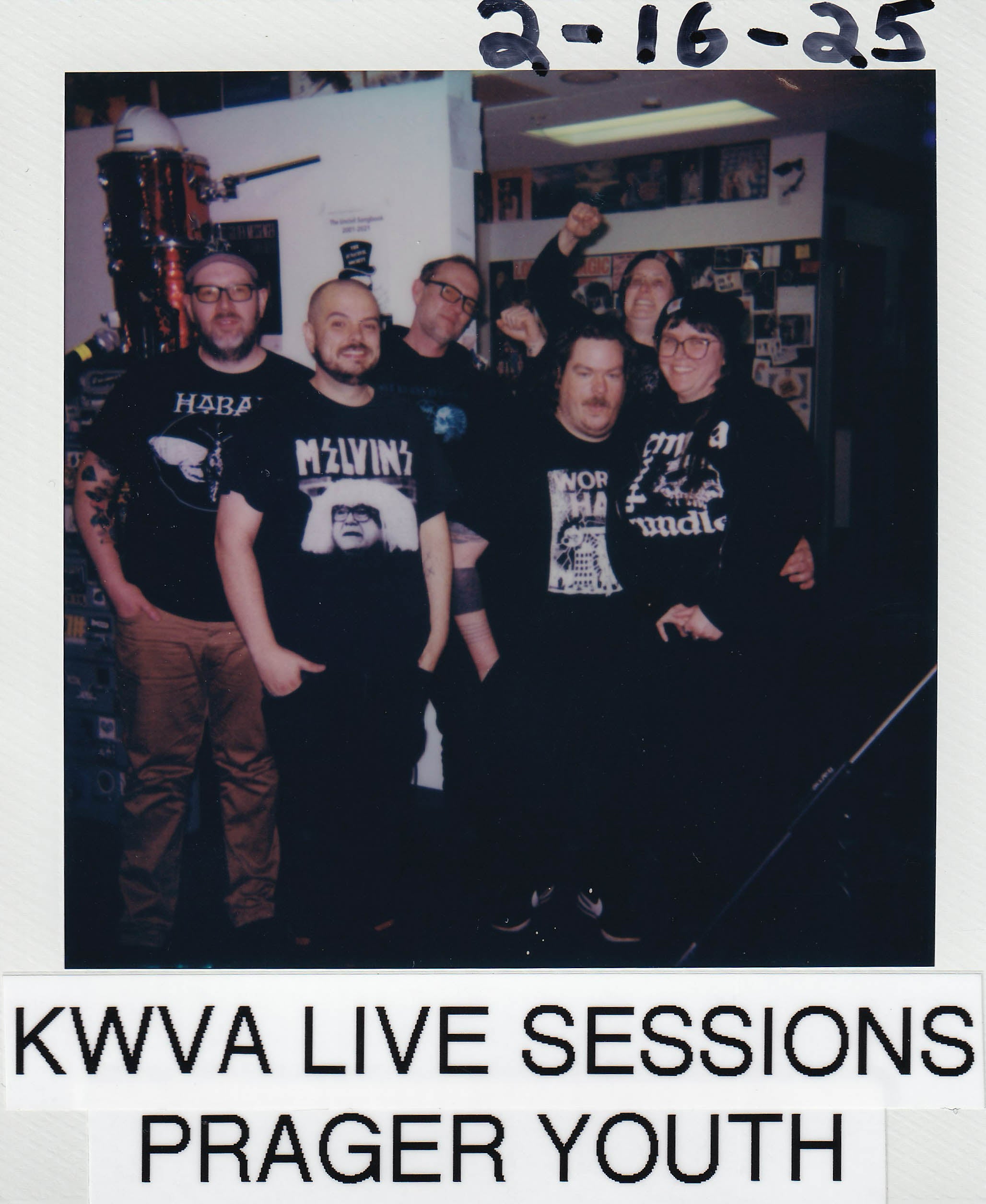 Polaroid photo reading "KWVA LIVE SESSIONS PRAGER YOUTH 2-16-25" featuring the band Prager Youth posing in the kwva studios.