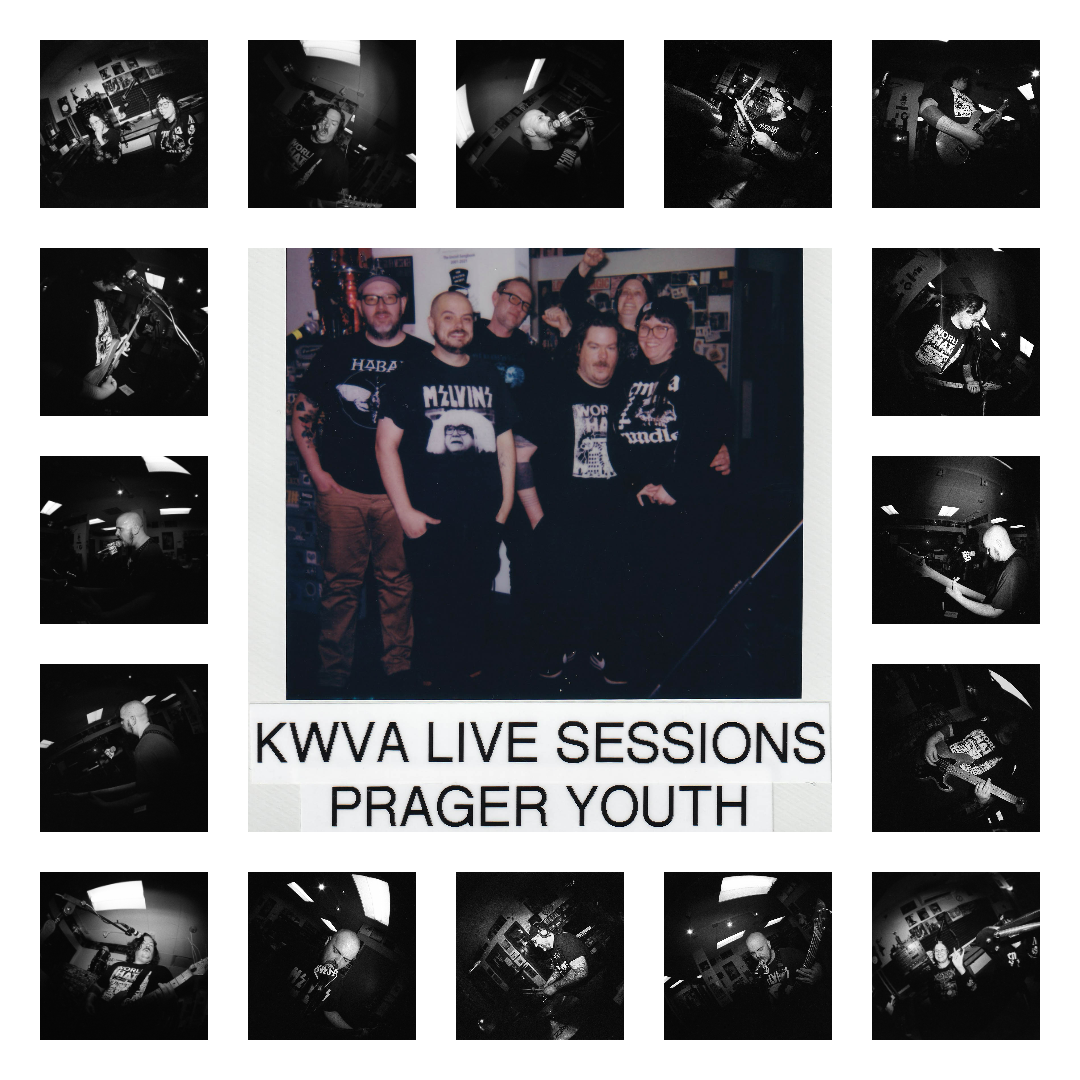 Photo collage featuring the band Prager Youth Performing live in the KWVA studios, in the center is a polaroid image of the band posing together in the studio.