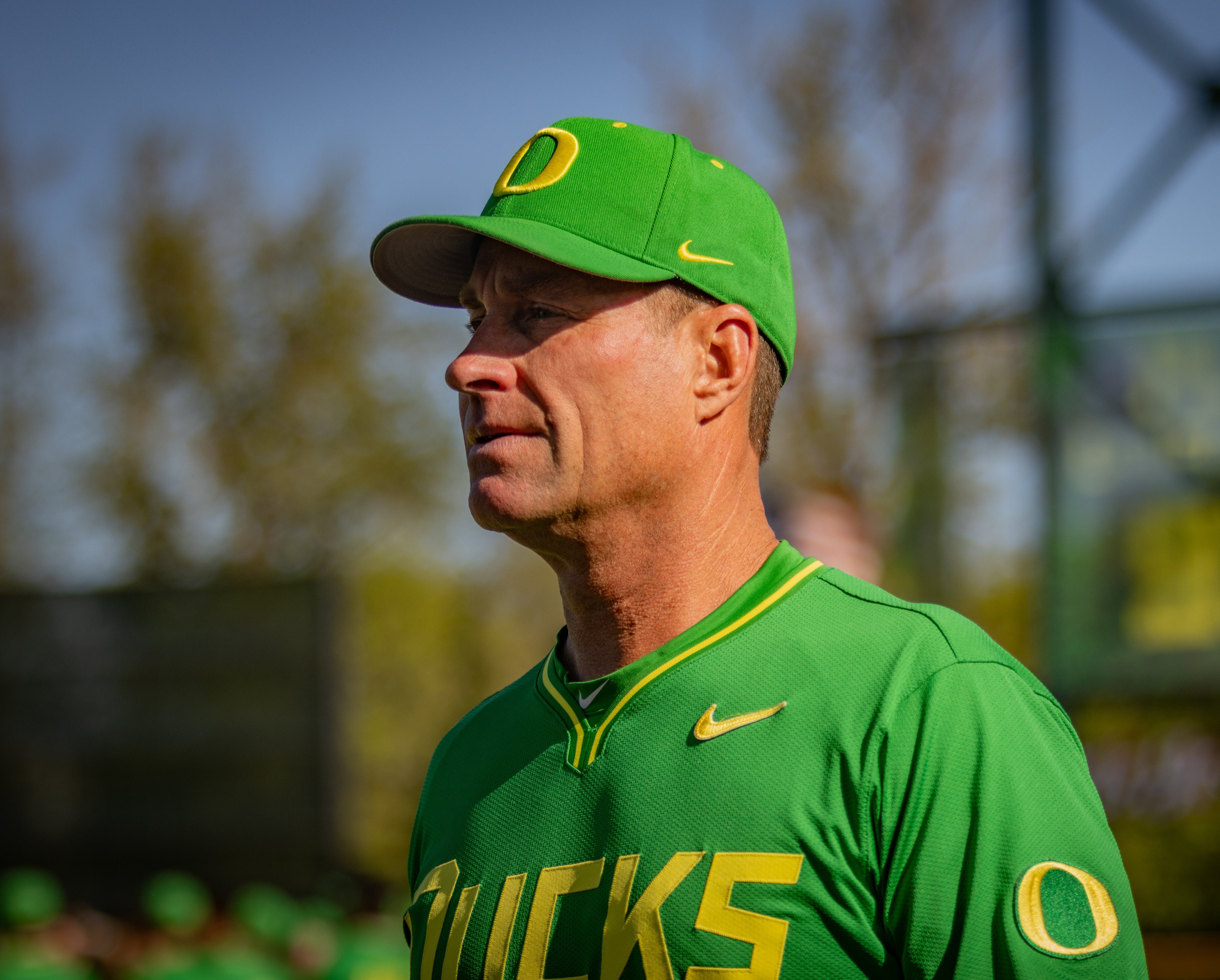 Oregon head coach Mark Wasikowski during Game 1 between Oregon and UCLA in April 18.