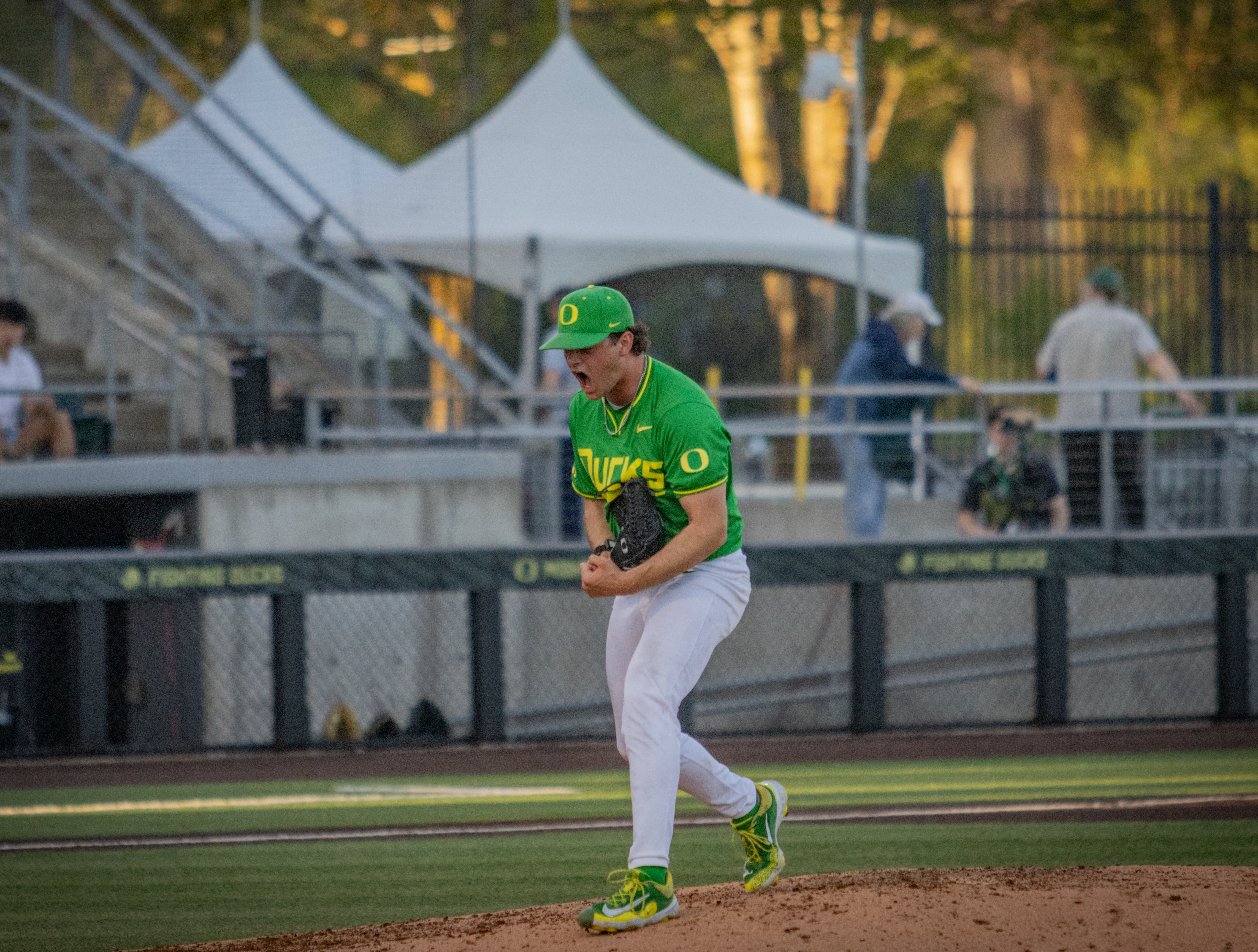 Oregon pitcher Grayson Grinsell celebrates on the mound during a 2-1 win over UCLA on April 18.