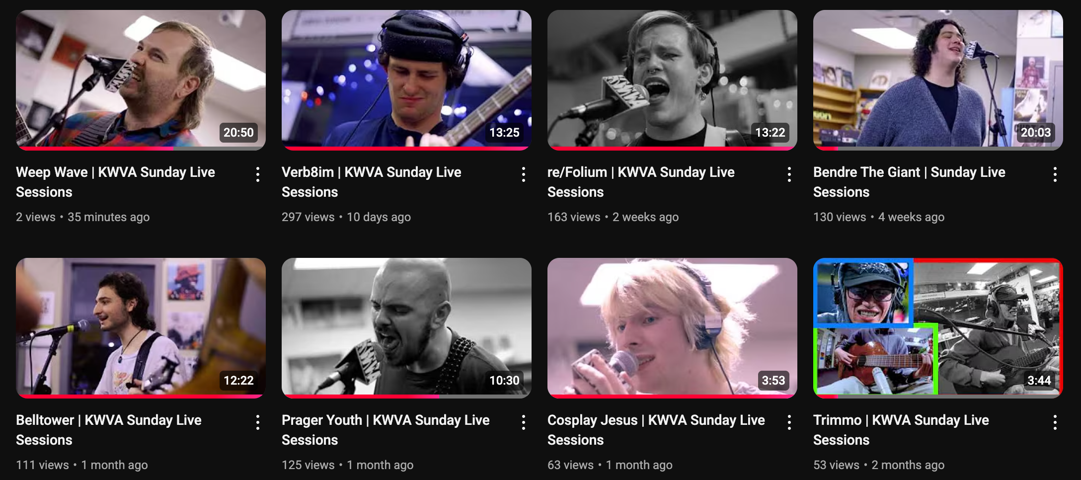 Screenshot showing videos on KWVA's Youtube Channel.