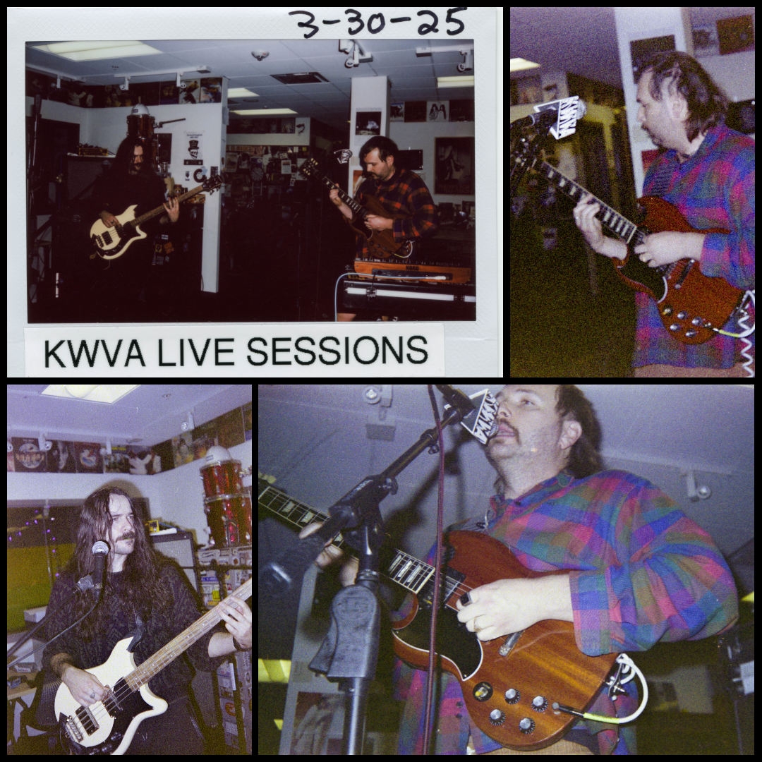 photo collage featuring members of the band "Weep Wave" Performing live in the KWVA studios.