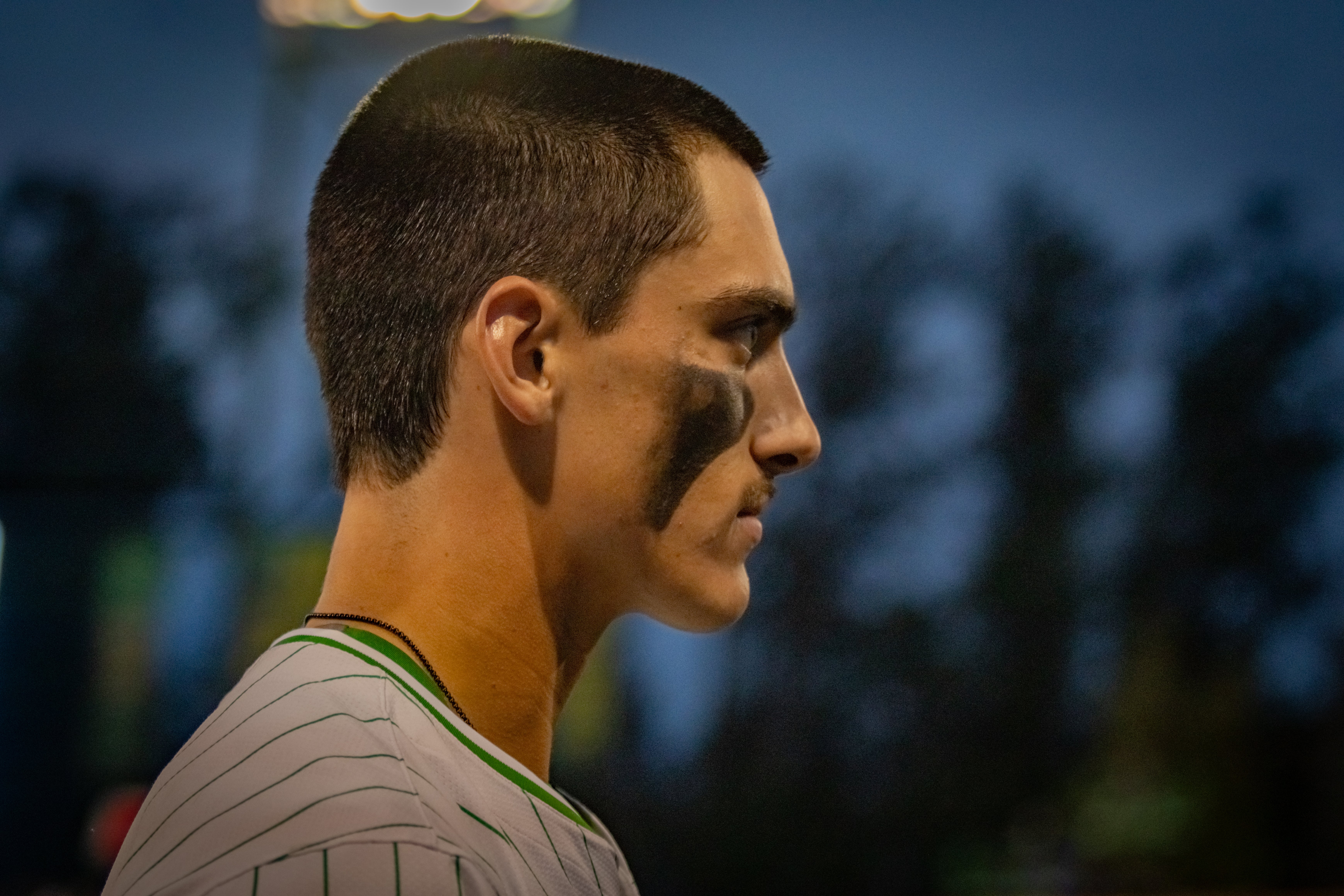 A side profile of Oregon baseball's Jason Reitz.