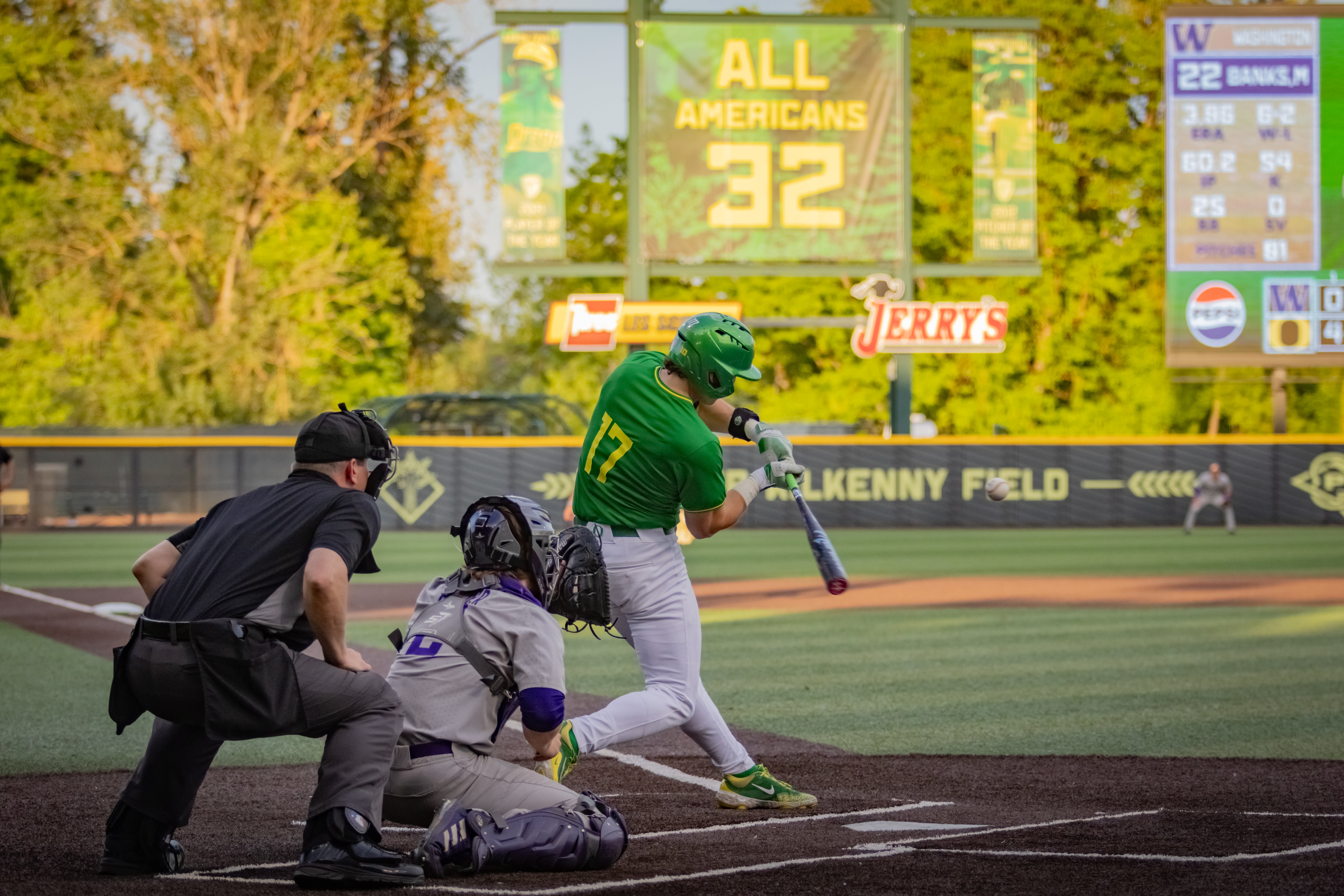 Oregon junior Drew Smith swings his bat during a May 9th game versus Washington