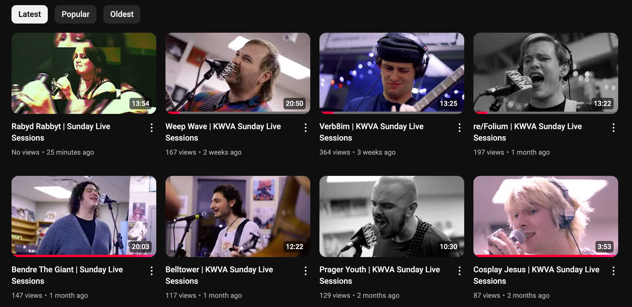 Screenshot showing videos on KWVA's Youtube Channel.
