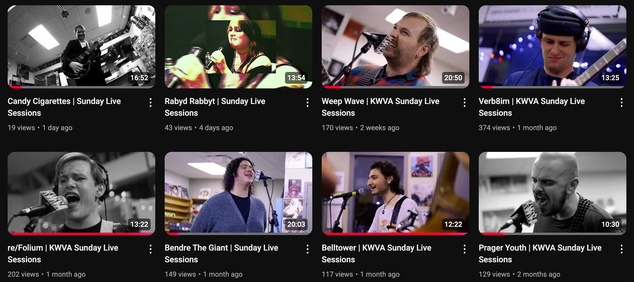 Screenshot showing videos on KWVA's Youtube Channel.