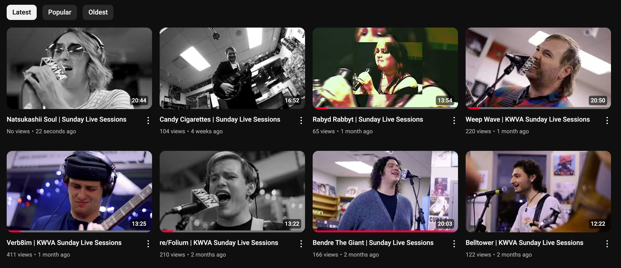 Screenshot showing videos on KWVA's Youtube Channel.