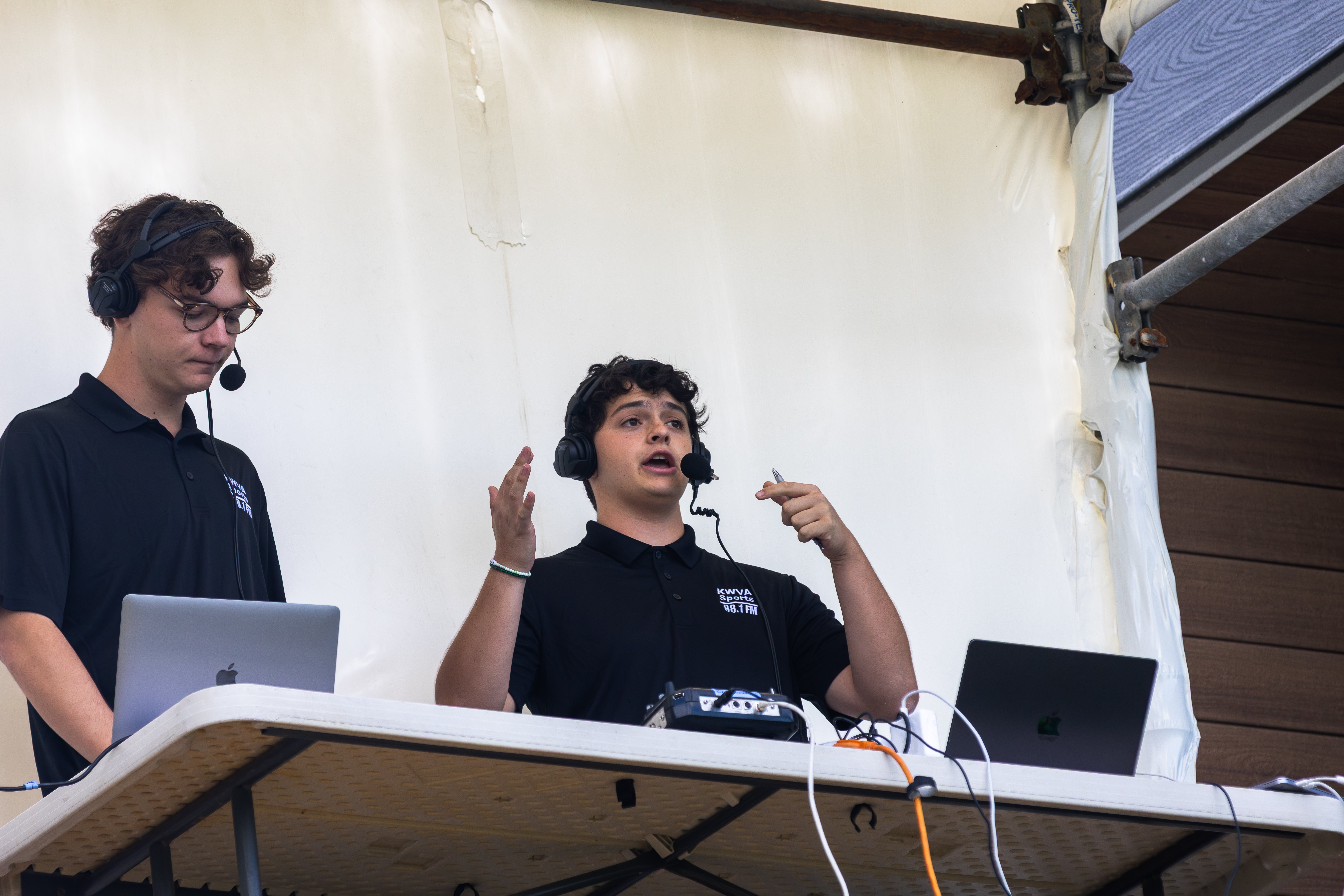 KWVA Sports members Owen Brock (left) and Dylan DeCesare (right) commentate an Oregon Women's Soccer game on October 3, 2025.