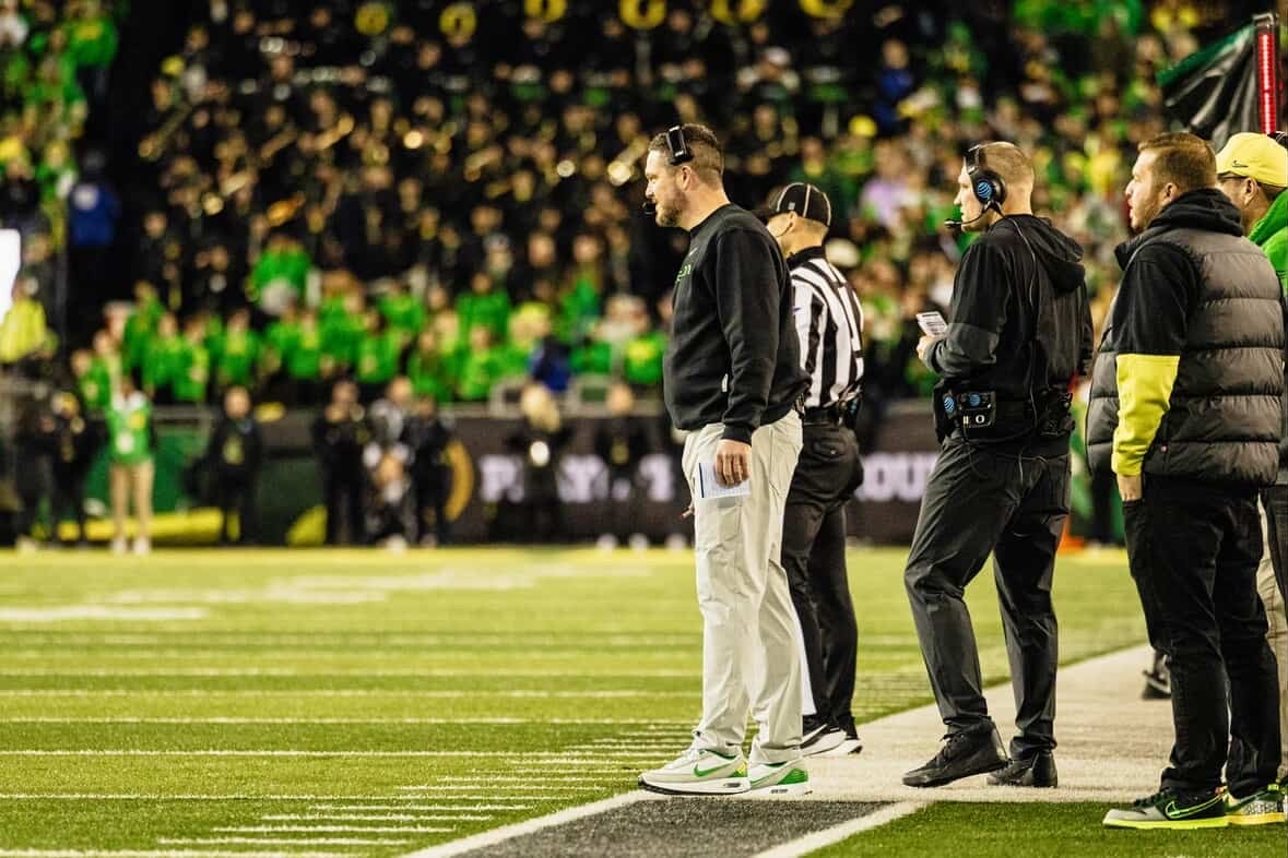Oregon head coach Dan Lanning on the sideline during the Ducks' first-round playoff win at Autzen Stadium