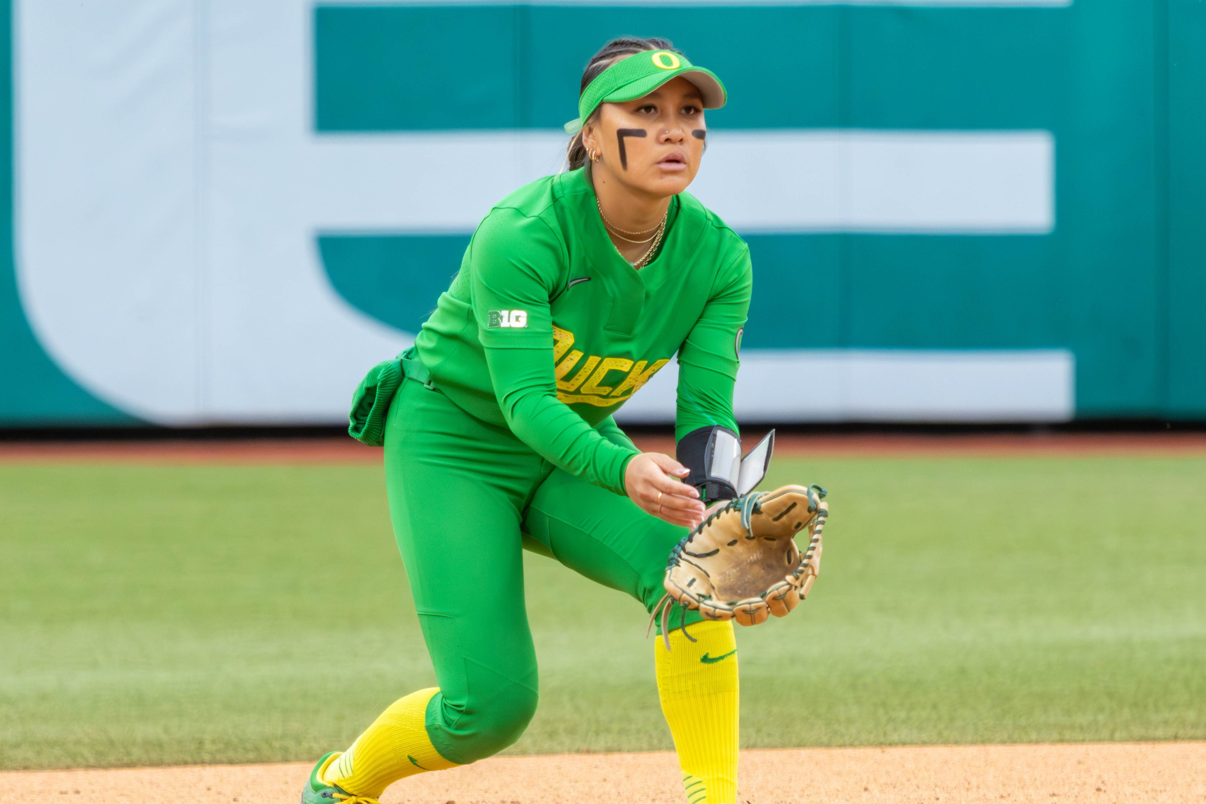 Oregon shortstop Taryn Ho stands at the ready during the Jane Sanders Classic