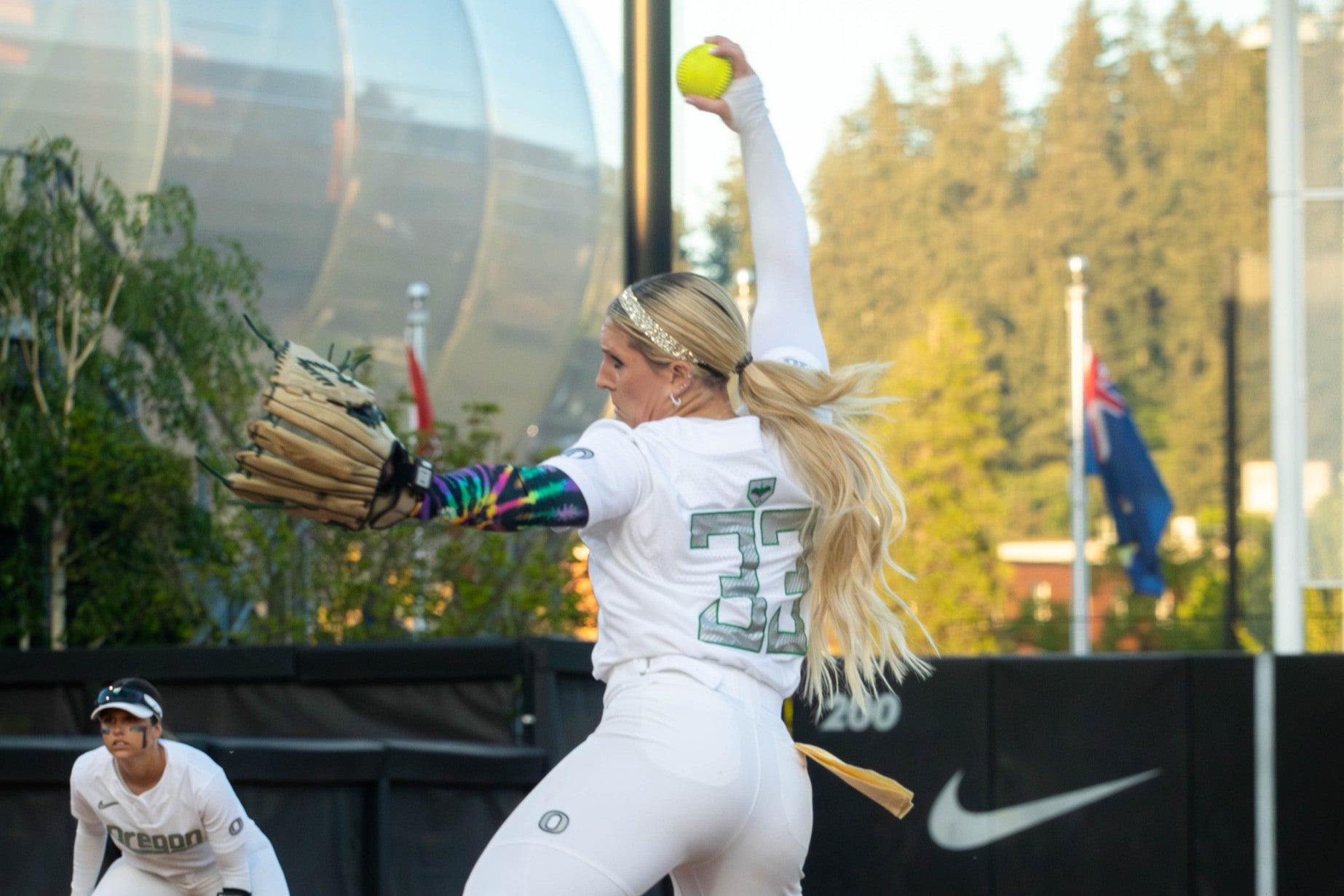 Oregon pitcher Lyndsey Grein fires towards home in the Ducks' 3-0 loss to Ohio State