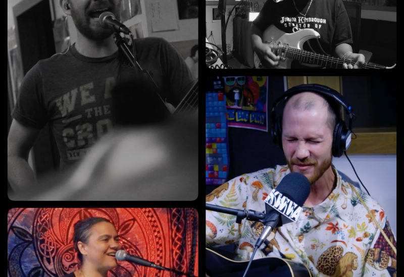 Photo collage with black border, four people playing instruments and singing into microphones