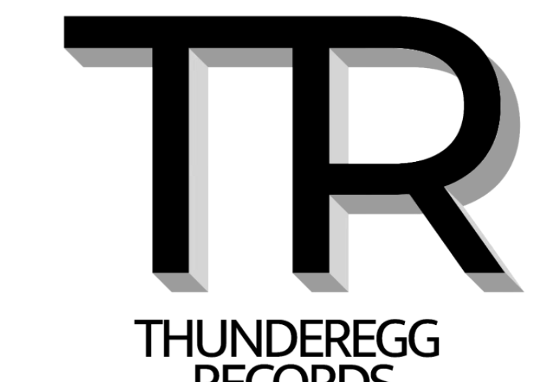 The logo with a T and R connected in black text, and underneath It says Thunderegg Records 